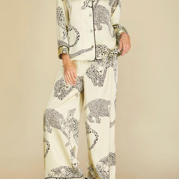 long sleeve cheetag print satin pajama set